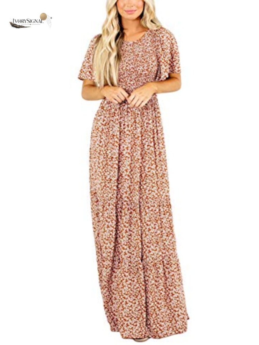 Women Floral Smocked Maxi Dress Flutter Sleeve A-Line Beach Vacation